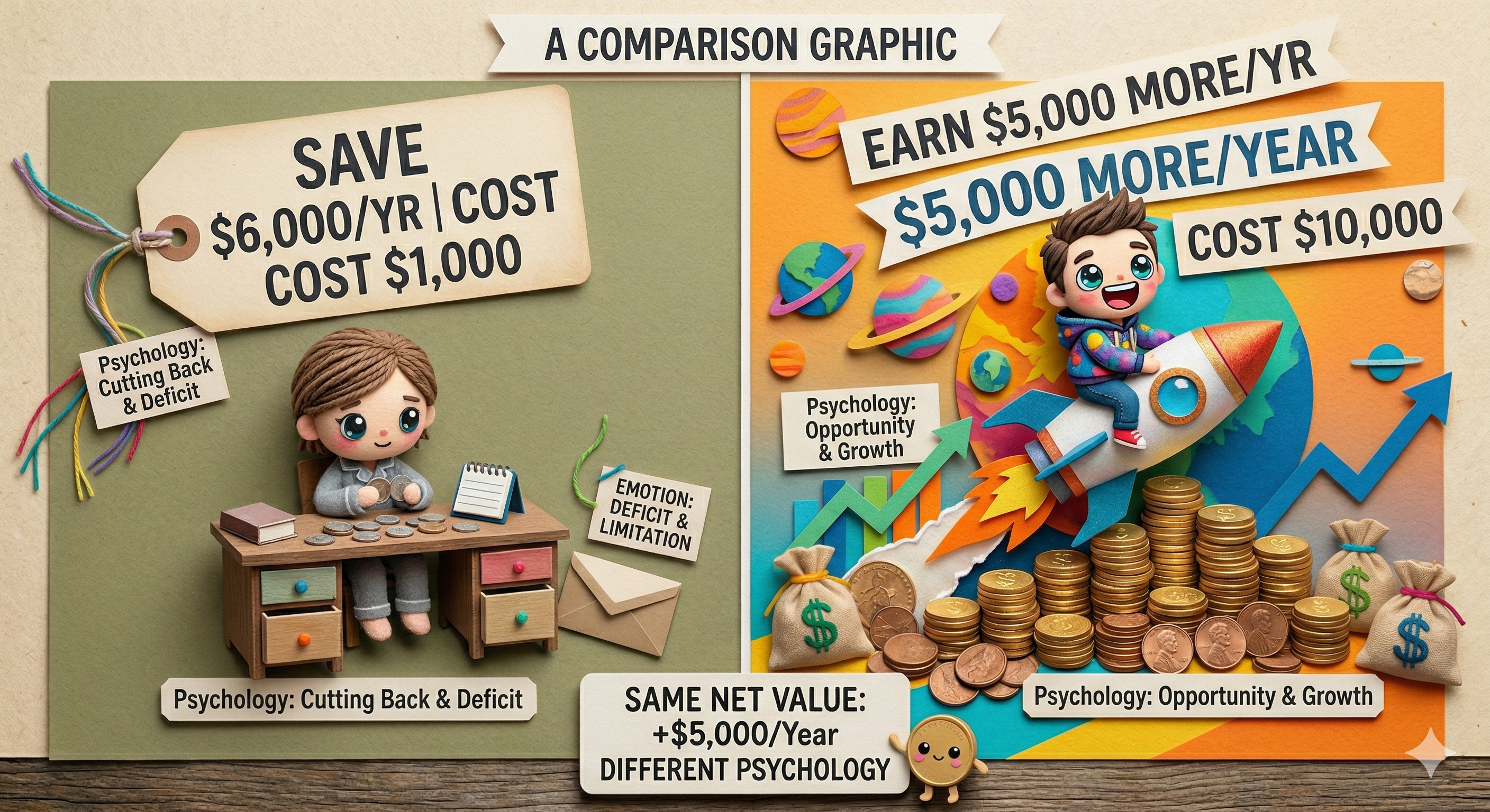 Comparison graphic showing cost-saving framing versus growth framing with the same net value